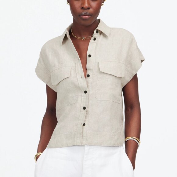 Madewell Boxy Cargo Linen Pocket Button Up Shirt Size M NWOT - Picture 1 of 7